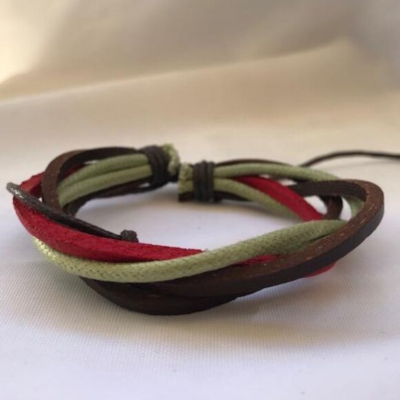 Red Brown & Green Braided Leather Handmade Bracelet Adjustable Wristband - Picture 2 of 3